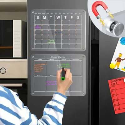 Komplet Kalendari Akrilik për Frigorifer - Planifikues Mujor + Javor (secili 40 x 30 cm), 4 Magnete, Pastrim i Thatë, Markera të Përfshirë | REUSABLEPLAN
